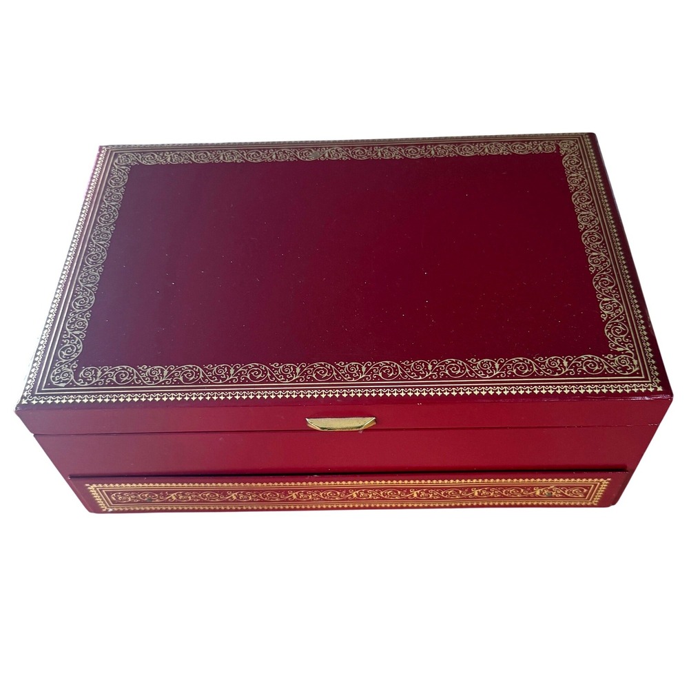 Vintage Mele Jewelry Box Red Gold Trim Made USA Lift Tray Drawer Organizer
